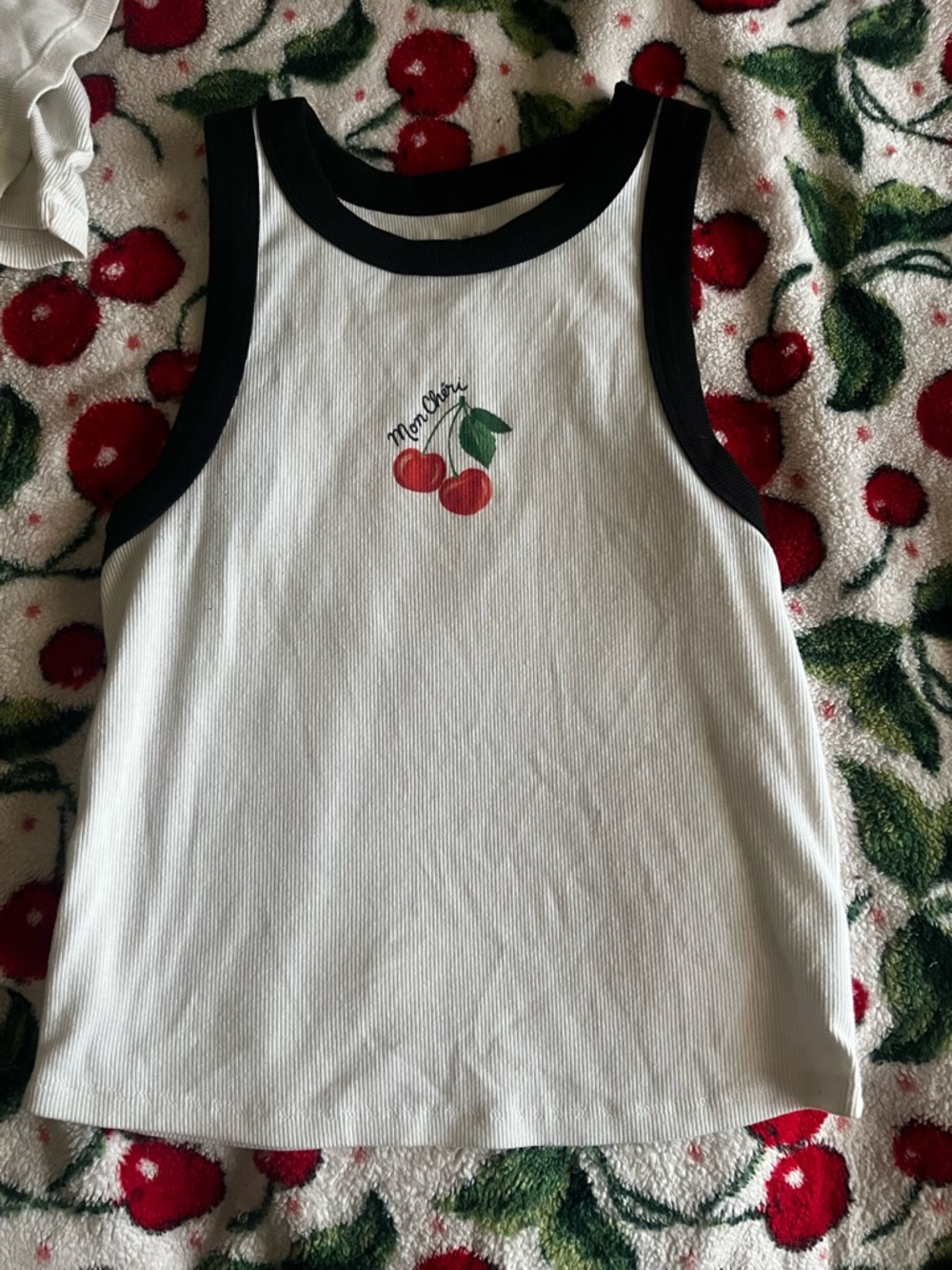 Old Navy White Tank Top with Black Trim and Cherry Graphic